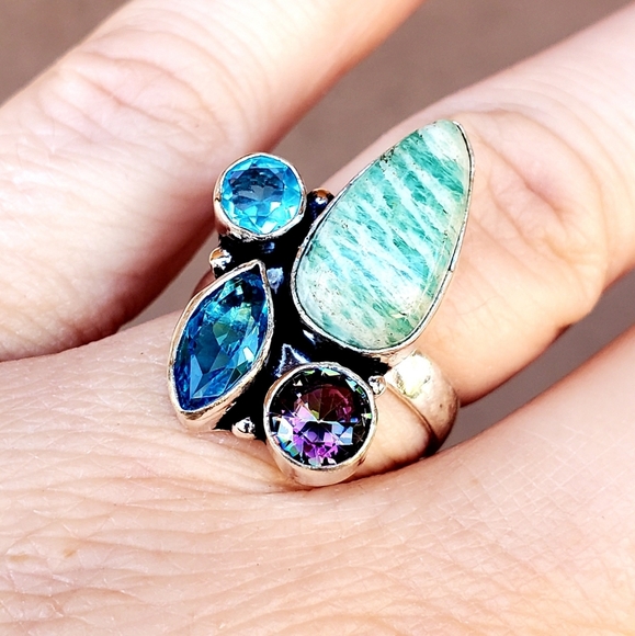 New Amazonite, Blue Quartz, Mystic Topaz 925 Silver Ring. - Picture 7 of 14